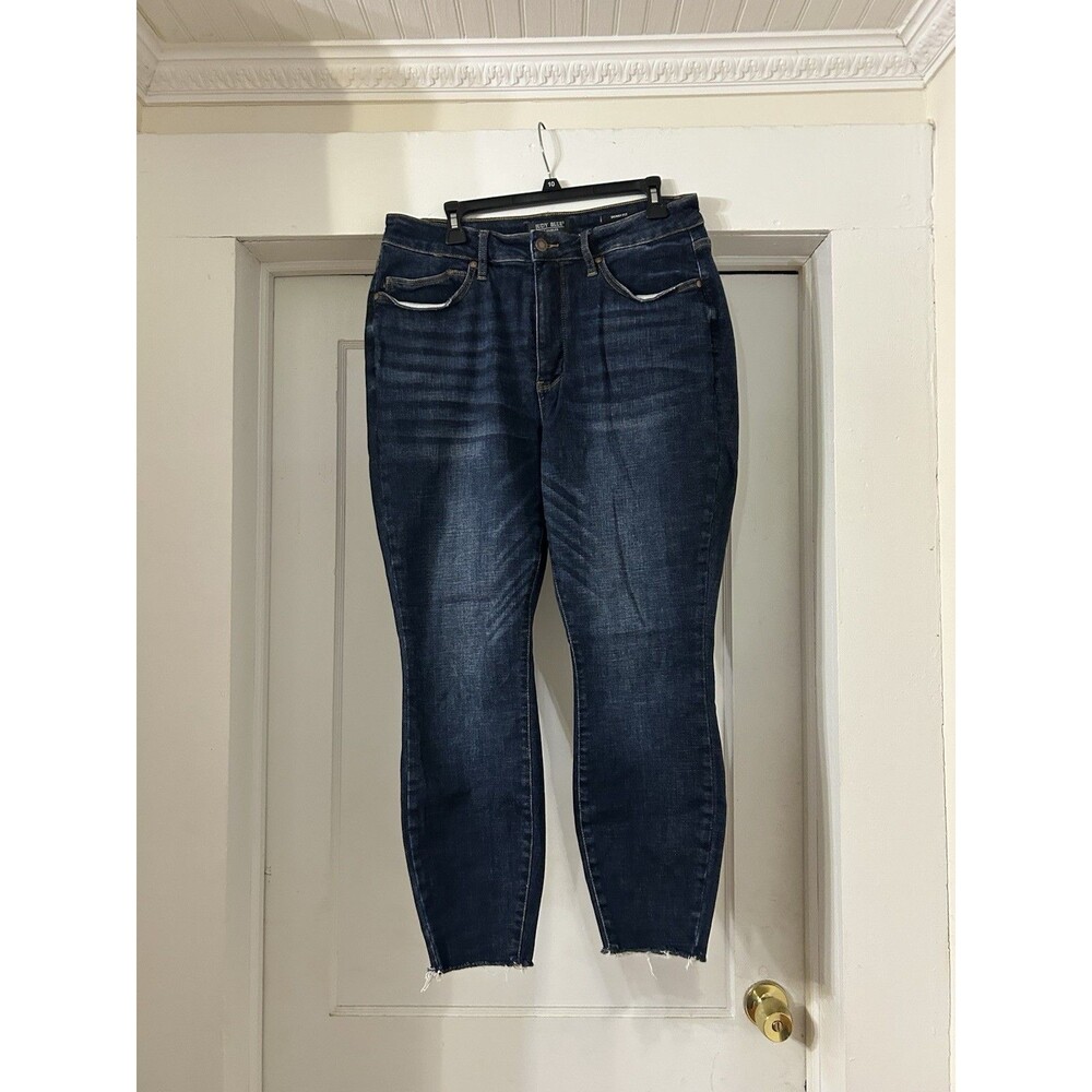 Judy Blue Jeans Women's 14W Dark Blue Denim Skinny Stretch Whisker Logo Fray Hem